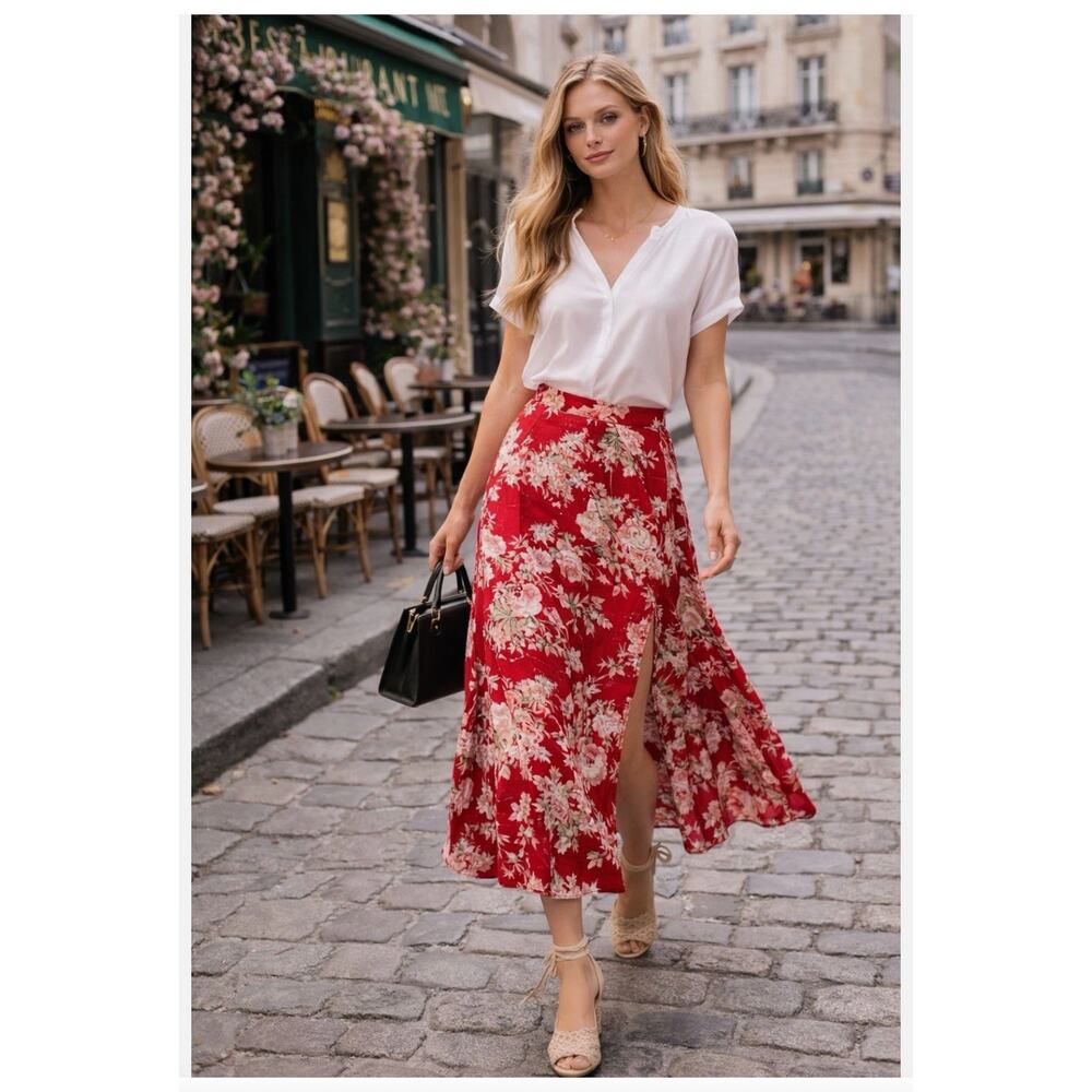 Sezane Tabata Floral Rouge Midi Skirt Red-Orange Sz36 EU (US 4)